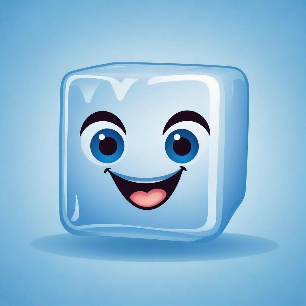 A cheerful cartoon ice cube character with large blue eyes, a wide smile showing its pink tongue, and a glossy, shiny surface