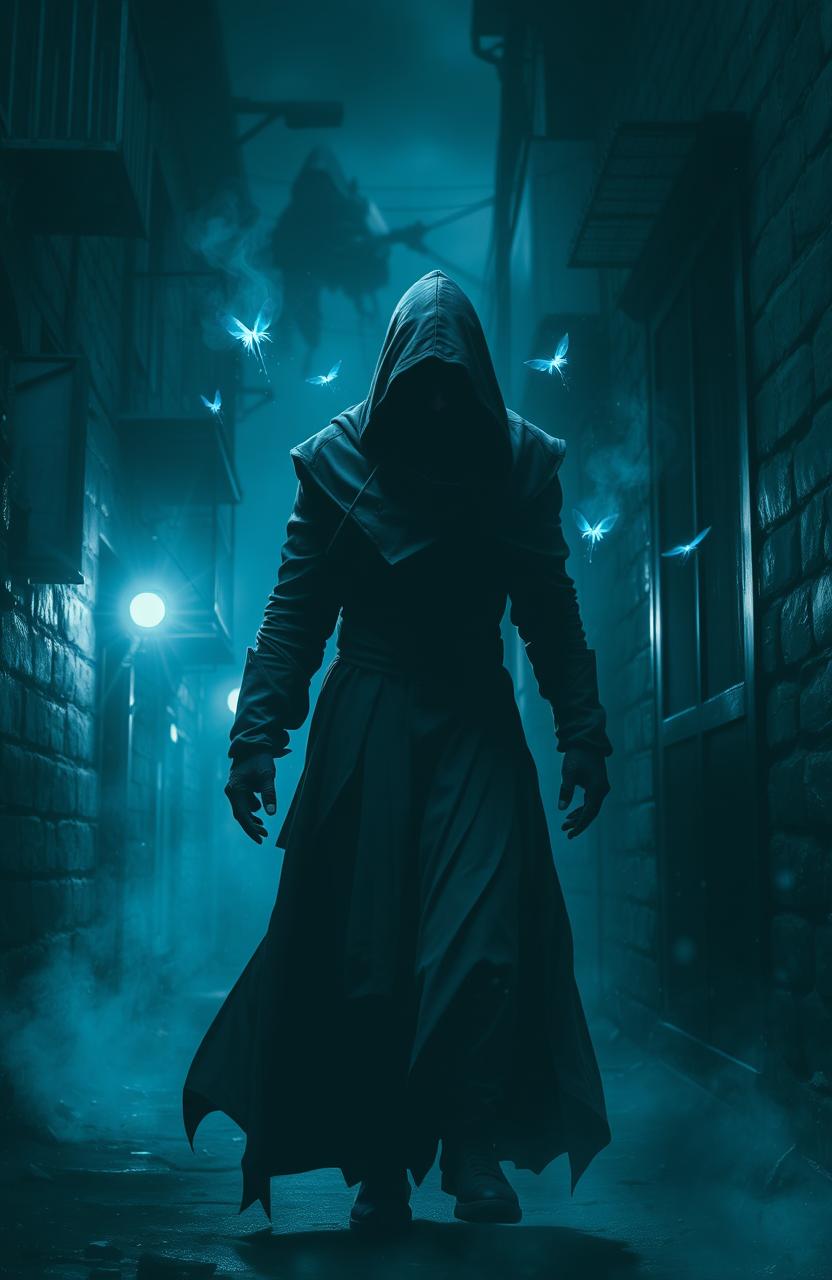 A mysterious assassin clad in dark, flowing garments, expertly blending into the shadows of a dimly lit alley
