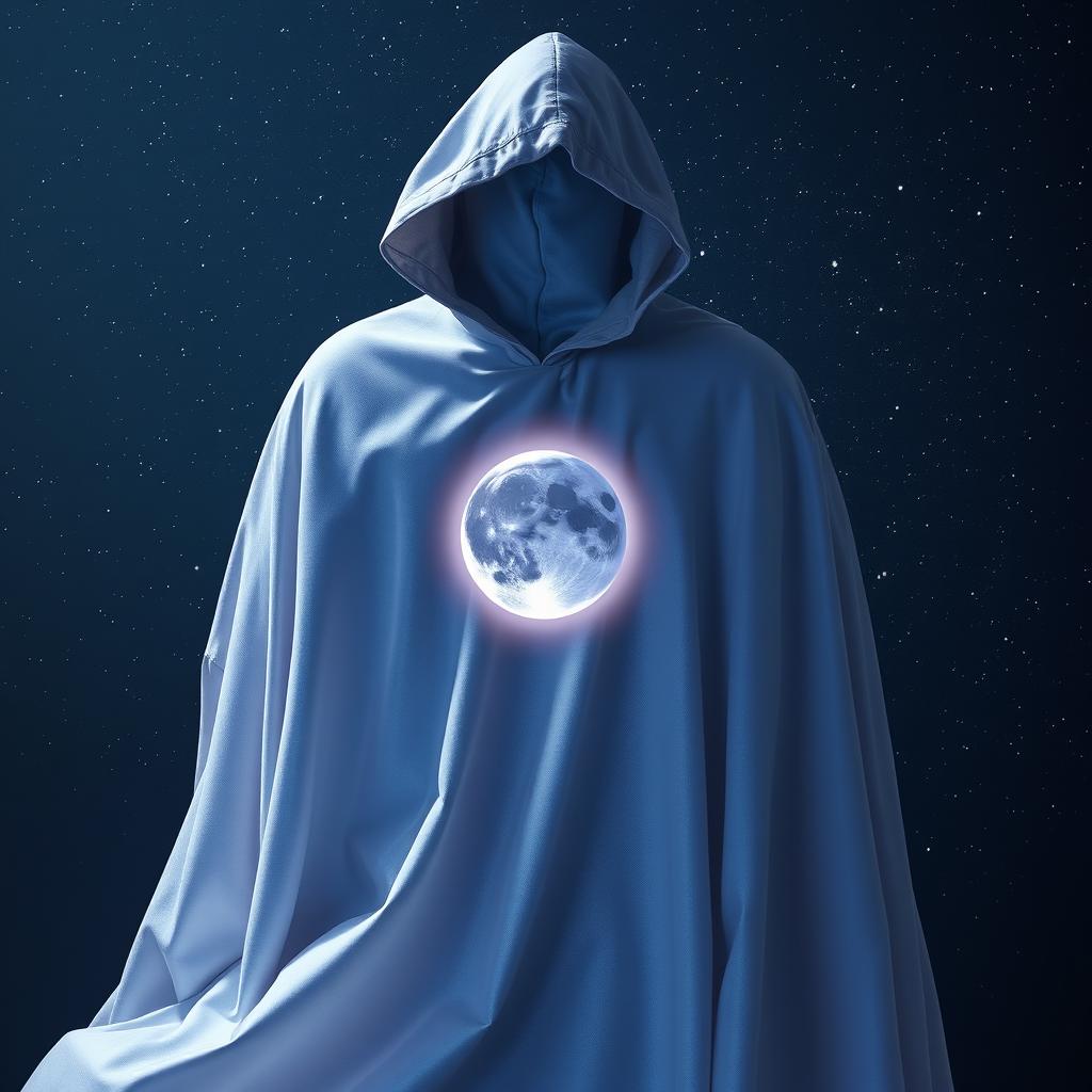 A mystical cloak adorned with a glowing moon symbol at its center