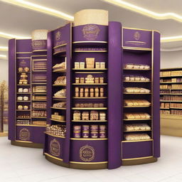 A luxurious supermarket chocolate display in an Islamic-Arabic style for Ramadan. It features shelves, 4-directional view, lanterns, Islamic geometric shapes, and is predominantly purple and gold.