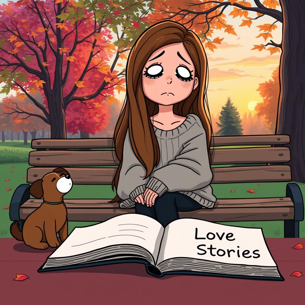 A cartoon drawing depicting a heartbroken girl sitting on a park bench, tears streaming down her face