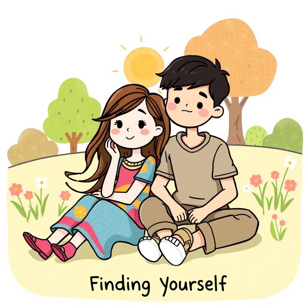A simple and heartwarming illustration of a girl and a boy sitting together in a peaceful outdoor setting