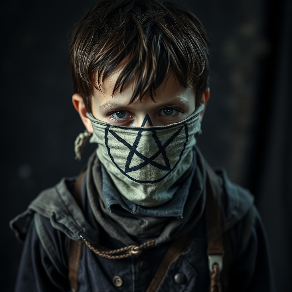 A young boy dressed in ragged clothes, his upper face covered by a mask, while his lower face remains visible