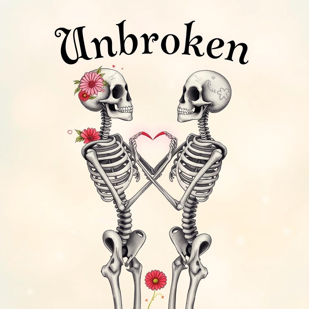 A creatively illustrated book cover featuring two skeletons embracing each other, forming a heart shape with their arms