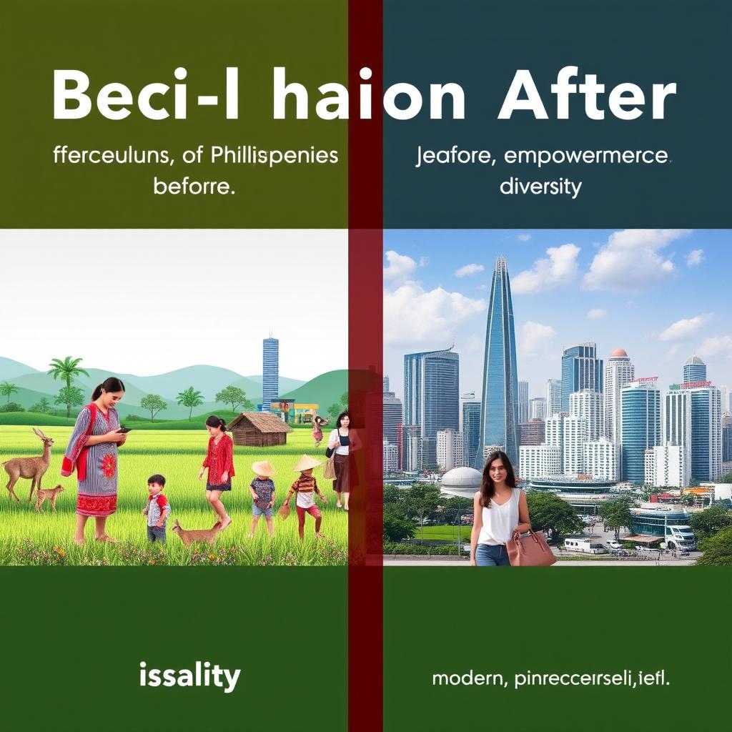 A comparative image illustrating social change in the Philippines before and after significant events