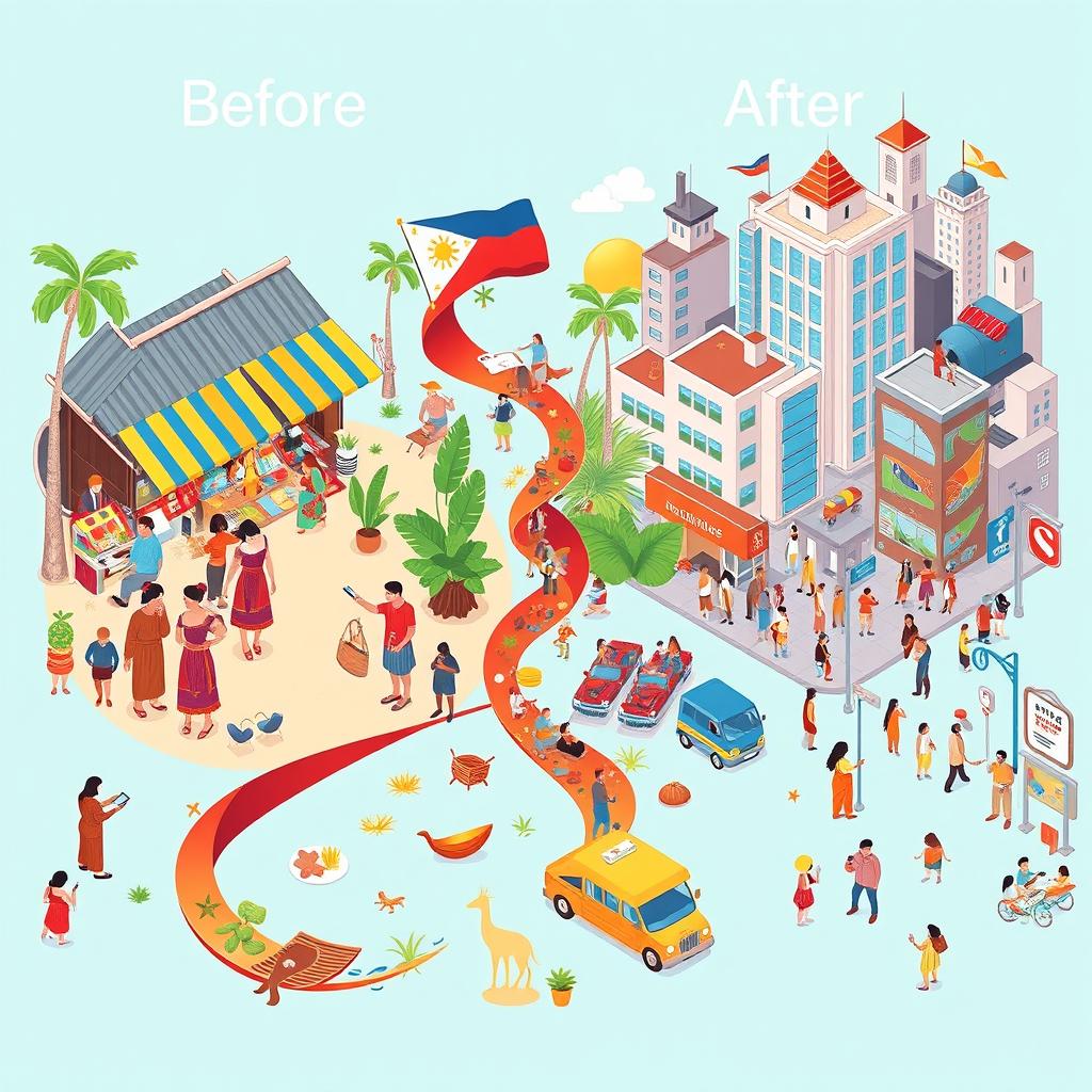 A vibrant illustration depicting the social change in the Philippines, split into two panels