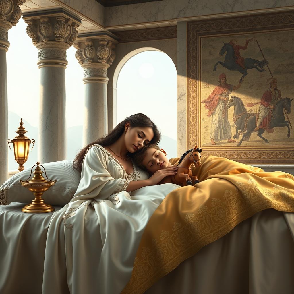 A serene and photorealistic depiction of Persian Queen Amytis sleeping peacefully on a silk-draped bed within an Achaemenid-style pavilion