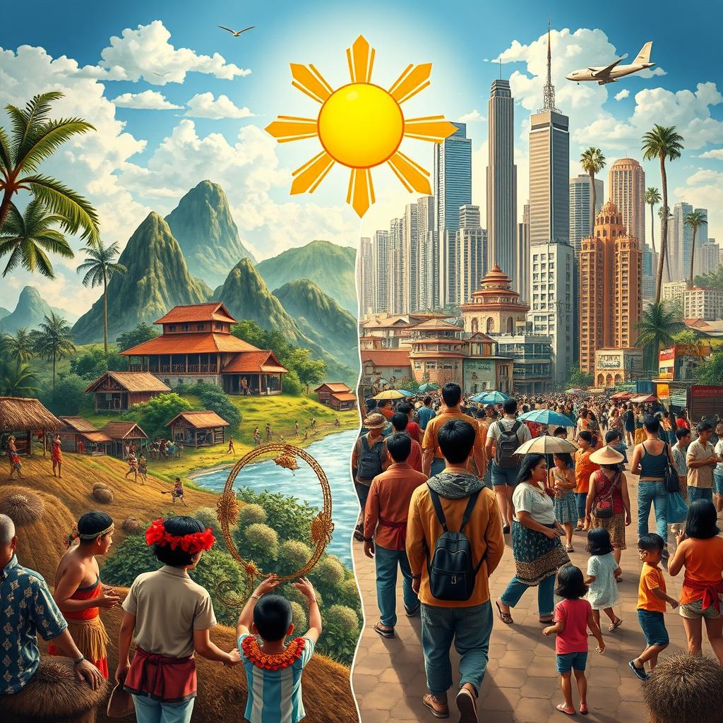 A detailed visual representation of social change in the Philippines, showcasing two contrasting scenes