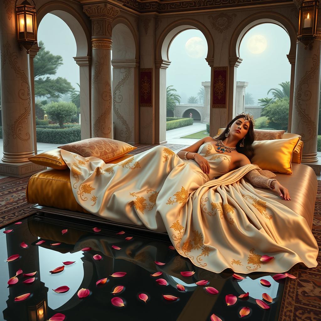 A photorealistic portrayal of Persian Queen Amytis reclining elegantly in a luxurious Achaemenid-style private pavilion