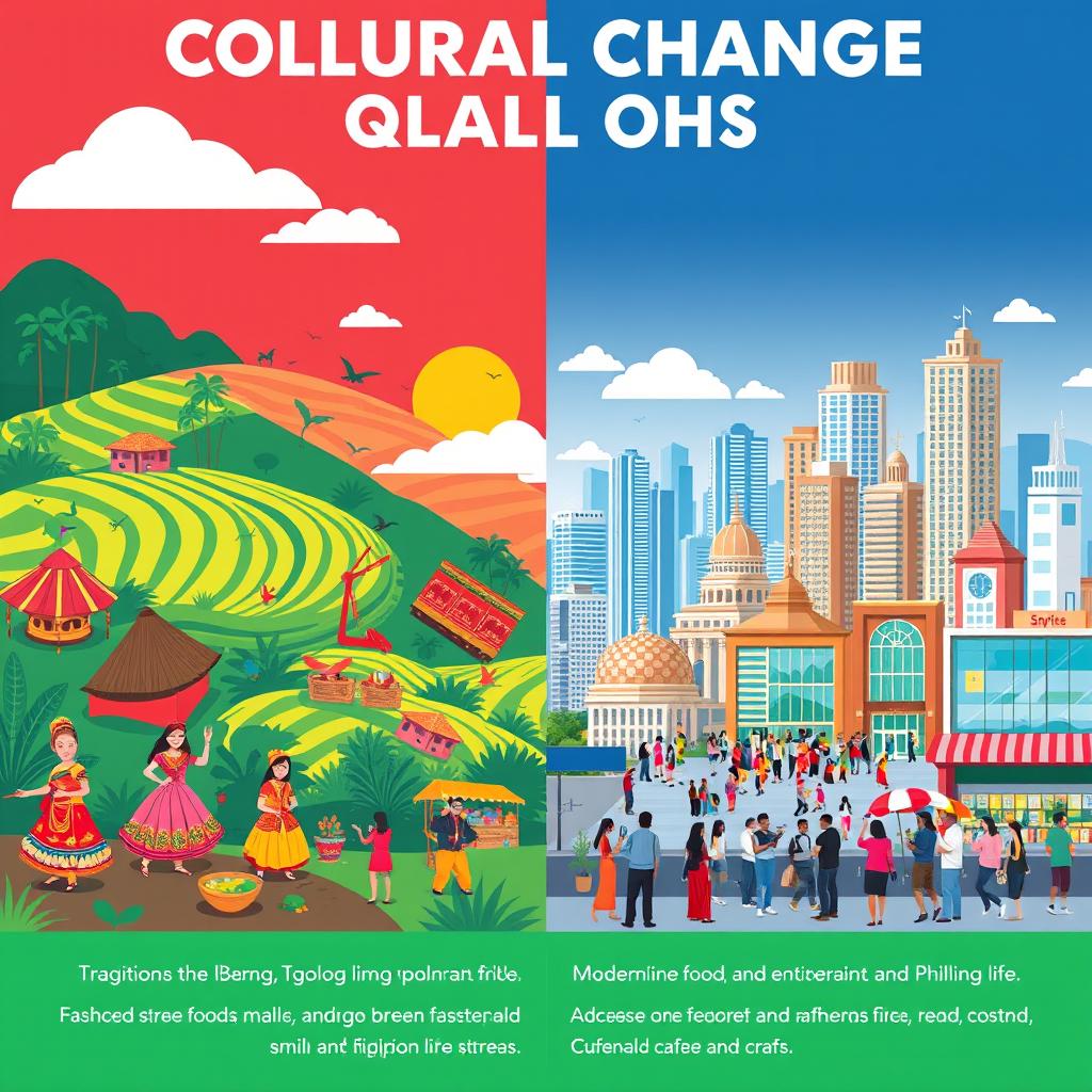 A visual representation highlighting the cultural change in the Philippines, showing a vibrant comparison between traditional and modern Filipino life