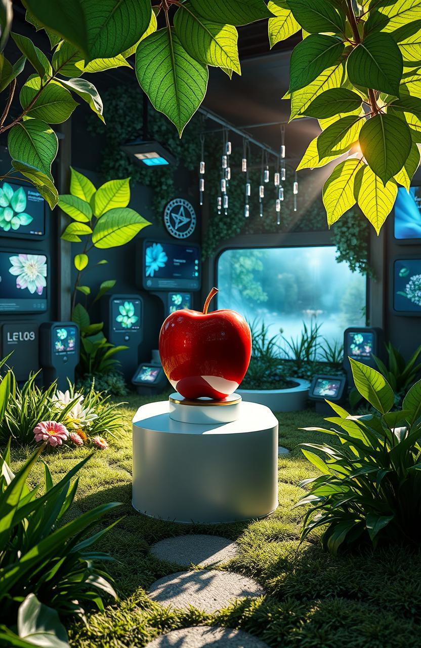 A vibrant tech garden featuring various futuristic gadgets and devices integrated into the landscape
