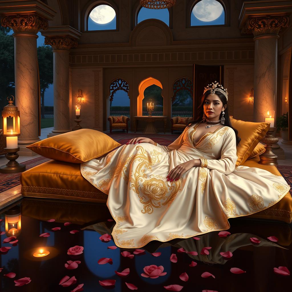 A photorealistic depiction of Persian Queen Amytis reclining elegantly in a luxurious Achaemenid-style private pavilion