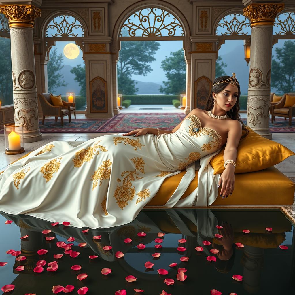 A Persian Queen, Amytis, reclining elegantly in a luxurious Achaemenid-style private pavilion