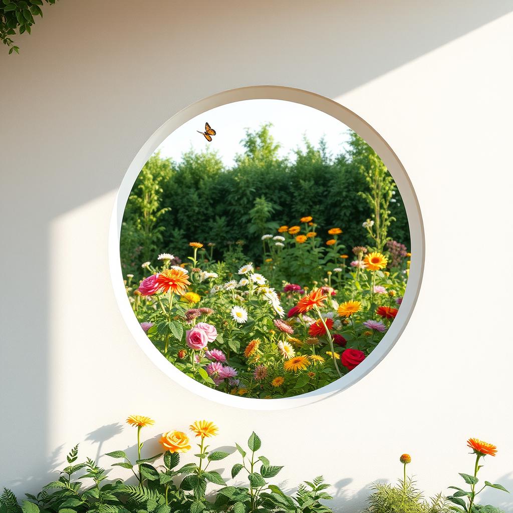 A serene and inviting scene featuring a white wall adorned with a circular window that opens into a lush garden filled with vibrant flowers and greenery