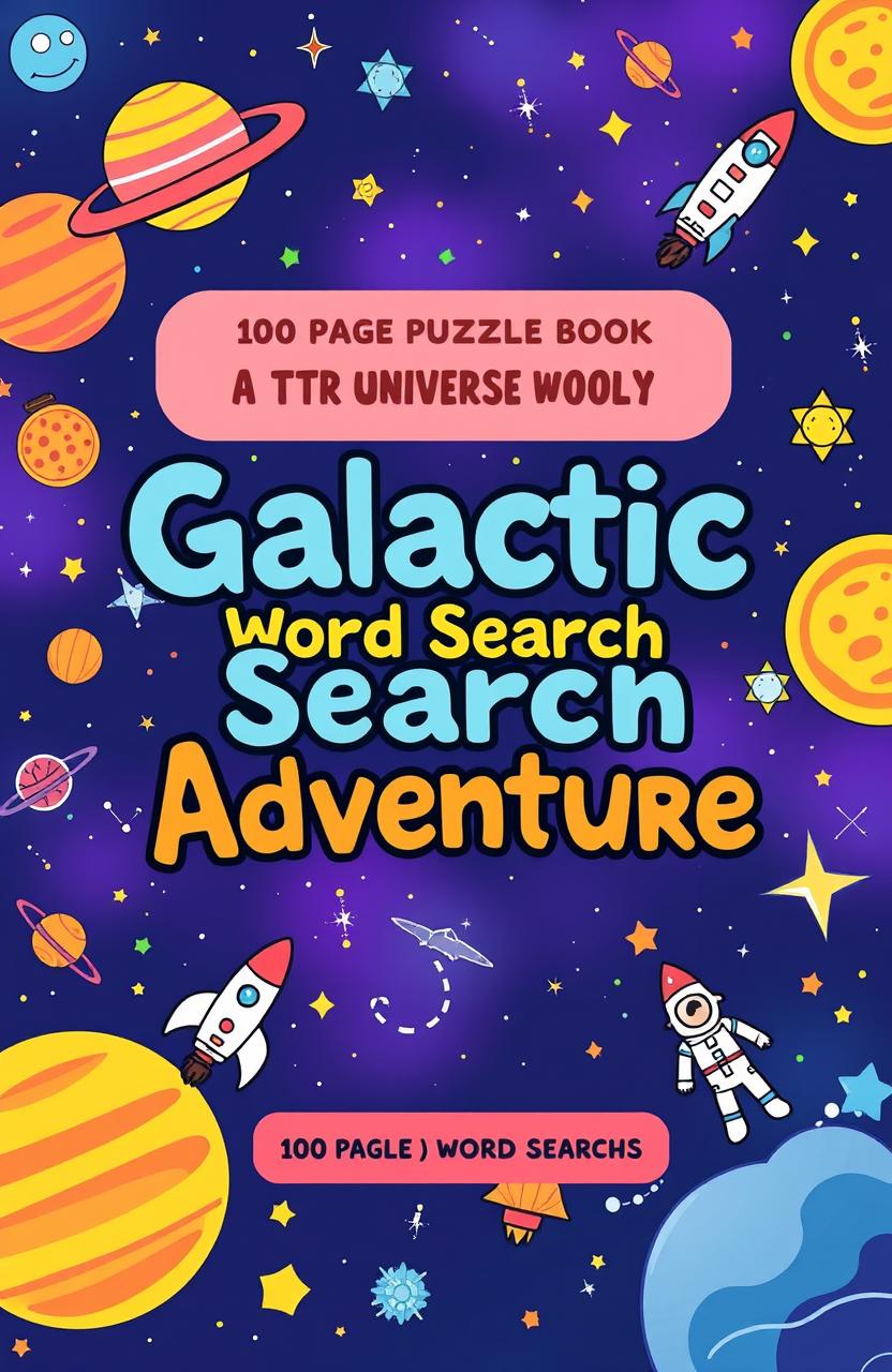A captivating cover design for a 100-page word search puzzle book featuring a space theme