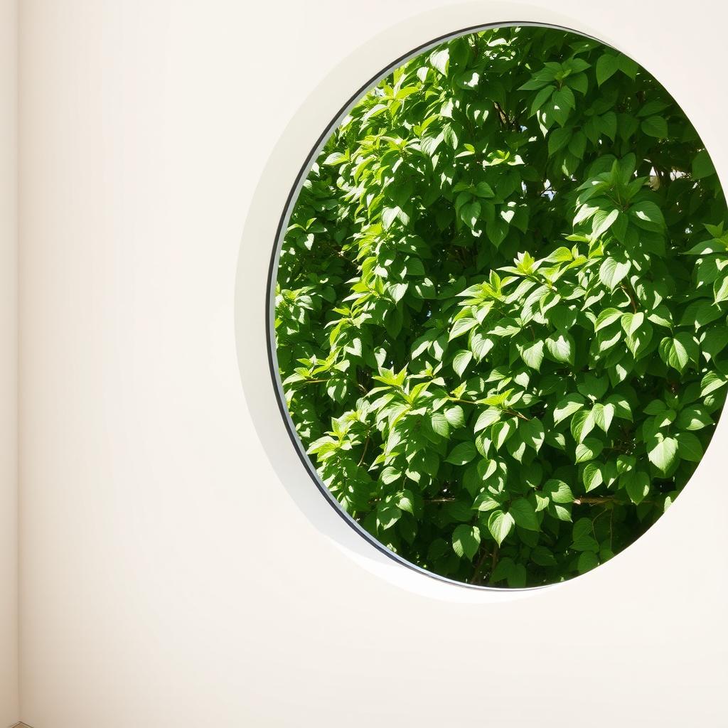 A minimalist interior scene featuring a white wall with a circular garden window