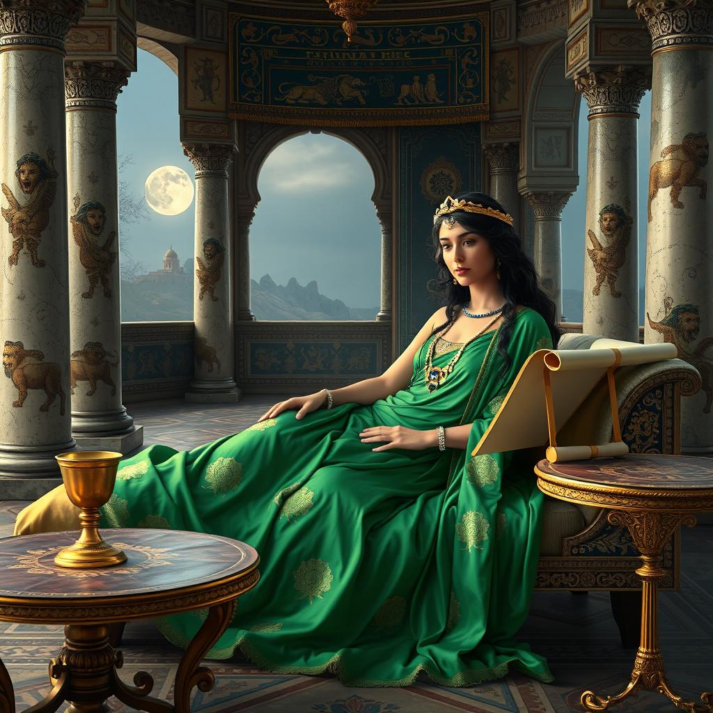 Persian Queen Amytis reclining gracefully on a silk-draped divan in a secluded Achaemenid pavilion, surrounded by opulent Persian decor including marble columns adorned with lion motifs, and hanging silk tapestries embroidered with Zoroastrian symbols