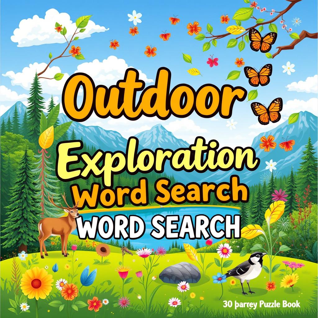 A charming cover design for a 30-page word search puzzle book featuring an outdoors theme
