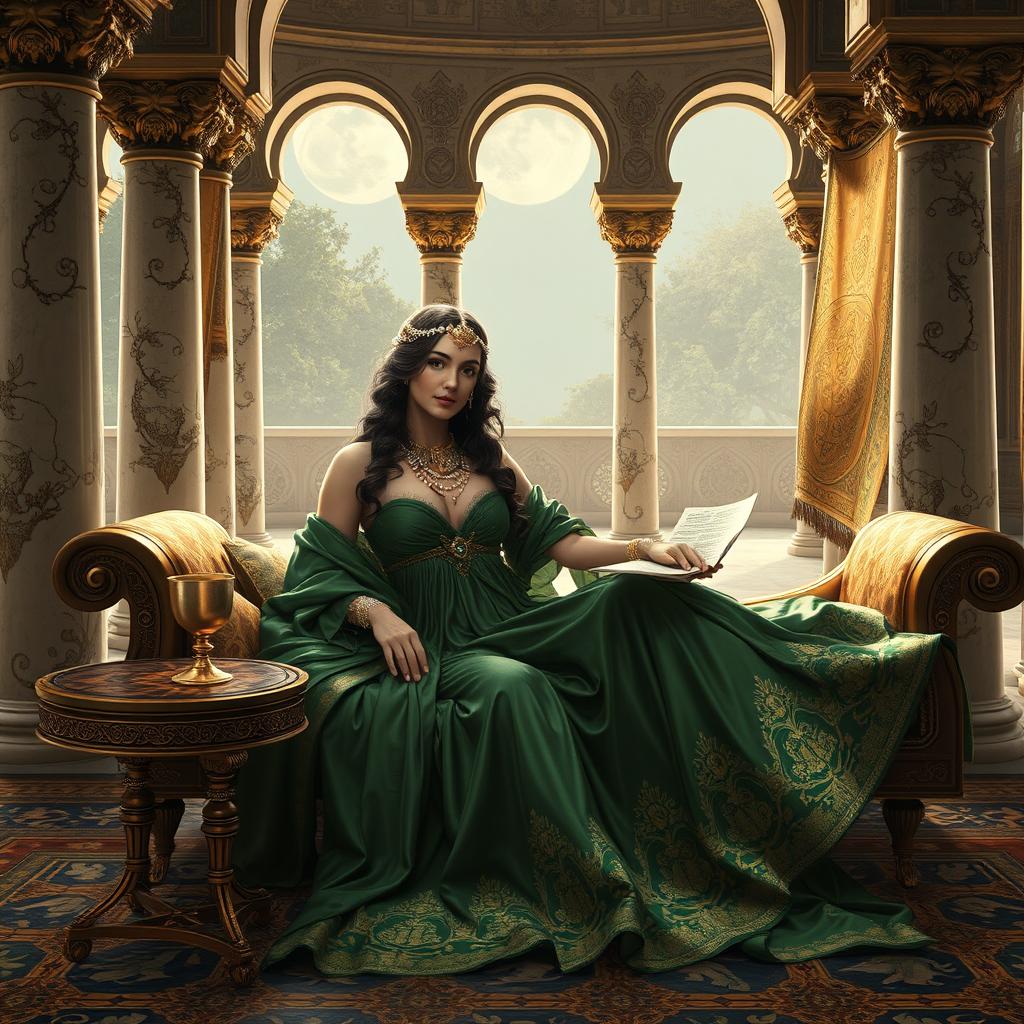 Persian Queen Amytis reclining gracefully on a silk-draped divan in a secluded Achaemenid pavilion, surrounded by opulent Persian decor: marble columns with intricately carved lion motifs, hanging silk tapestries beautifully embroidered with Zoroastrian symbols, and a stunning mosaic floor depicting celestial scenes
