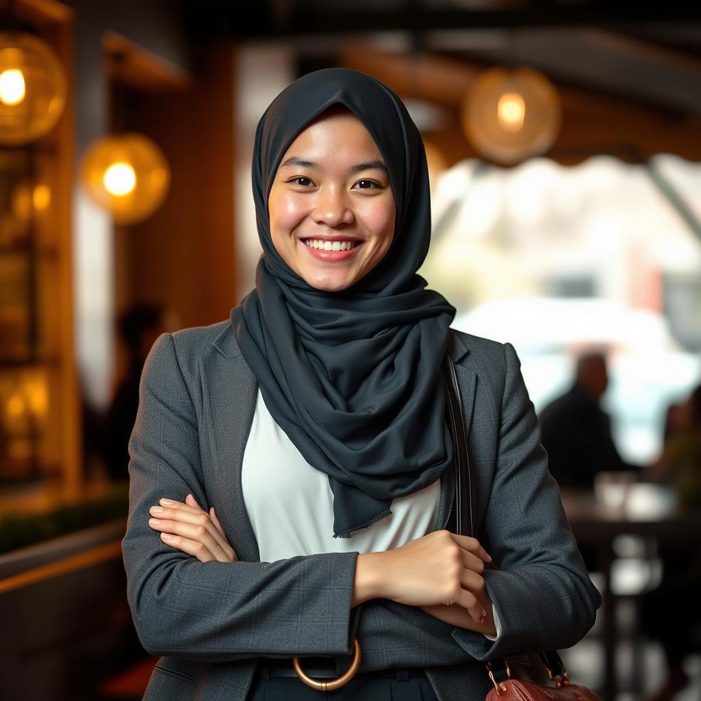 A beautiful Indonesian woman with a warm smile, wearing a stylish grey hijab