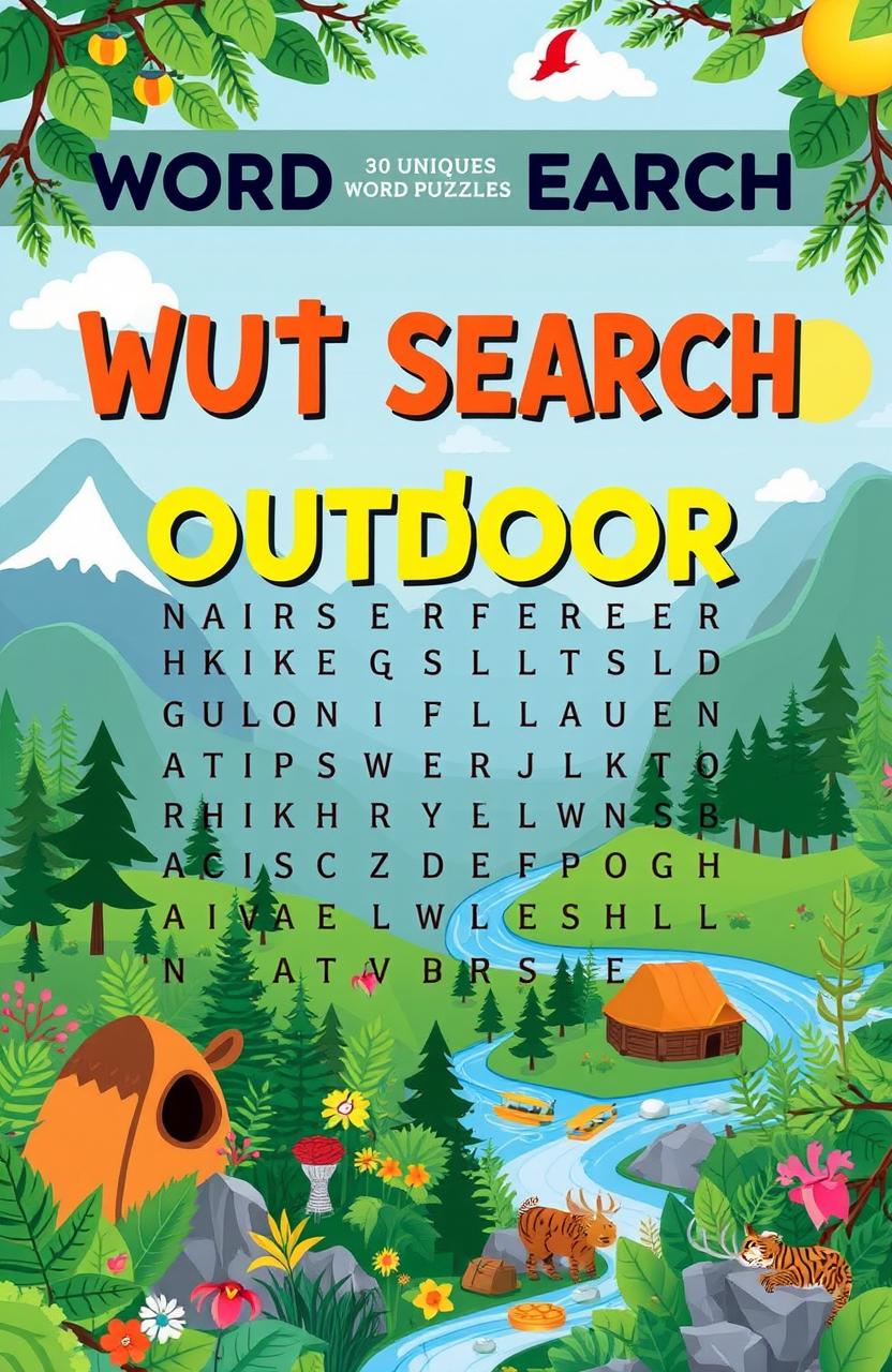 A vibrant outdoor-themed word search puzzle book design, featuring 30 unique puzzles with a variety of nature-related words like 'mountain', 'river', 'forest', 'hiking', and 'wildlife', each beautifully illustrated with engaging backgrounds