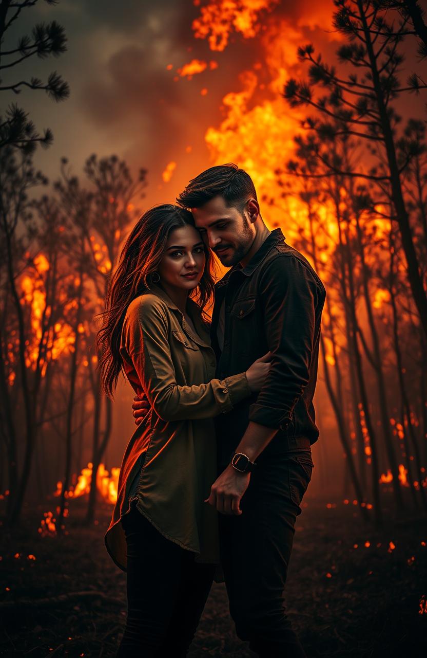 A passionate couple standing close together amidst a dramatic, blazing forest