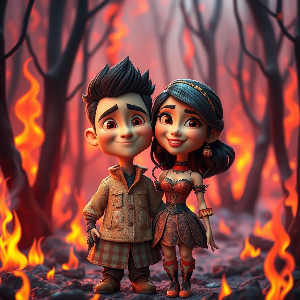 An animated couple standing together with vibrant expressions amidst a dramatic, burning forest