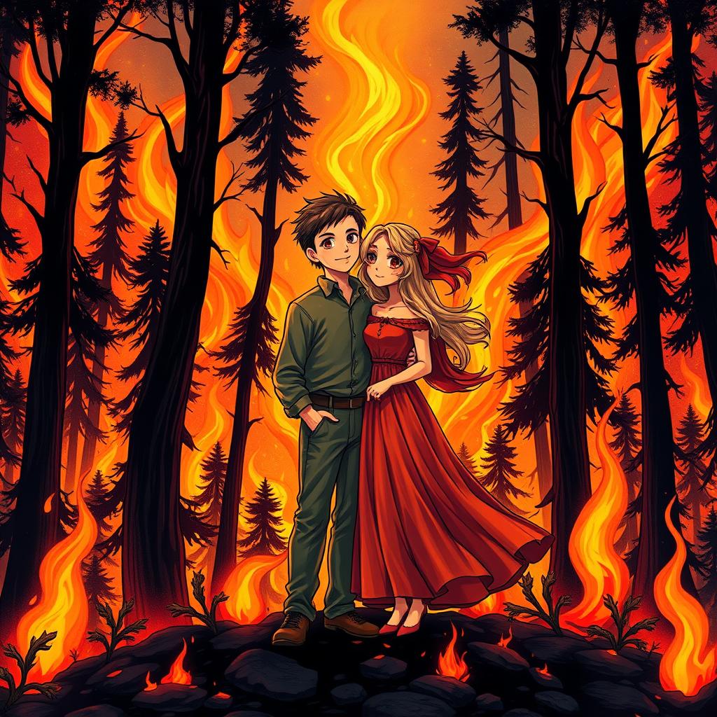 A beautifully drawn couple standing together in a mesmerizing illustration amidst a blazing forest