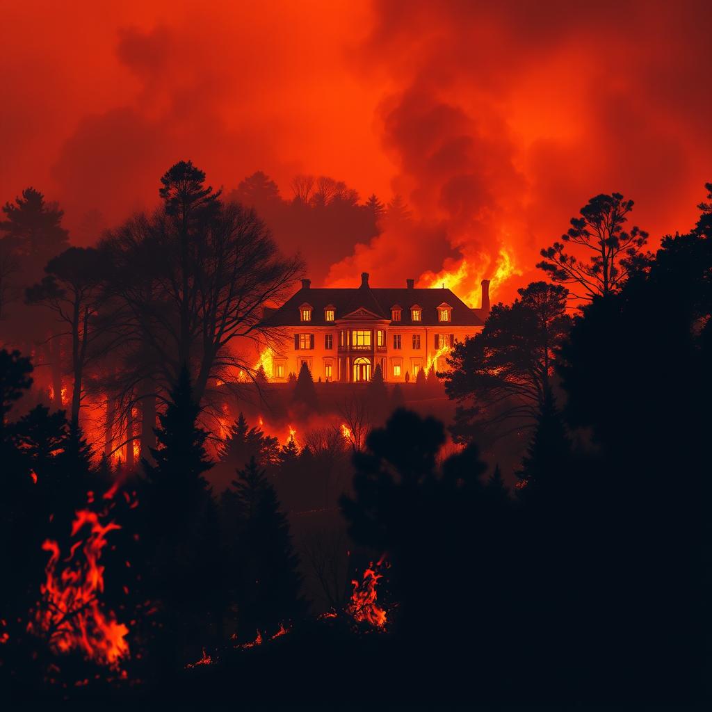 A dramatic scene depicting a burning forest with a grand estate engulfed in flames prominently in the background