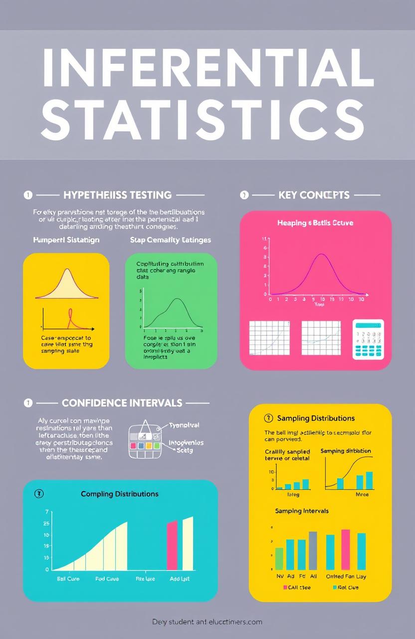 A visually engaging infographic about Inferential Statistics, featuring key concepts such as hypothesis testing, confidence intervals, and sampling distributions