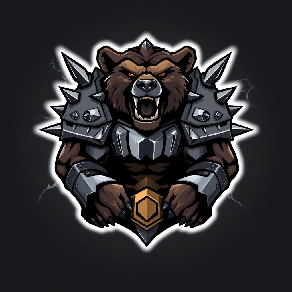 A fierce, aggressive bear wearing heavy armor, embodying a strong and bold presence suitable for a gaming logo