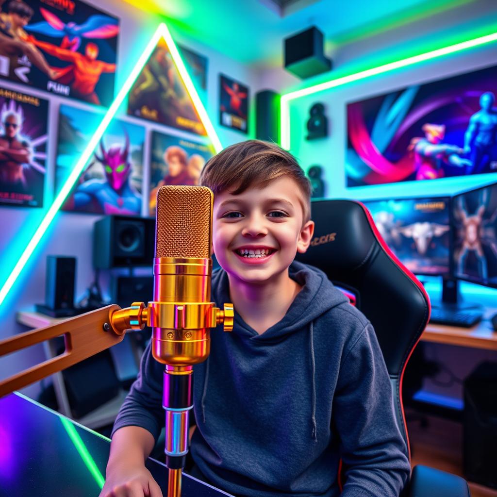 A young boy sitting in a modern streamer room, surrounded by colorful LED lights and gaming posters