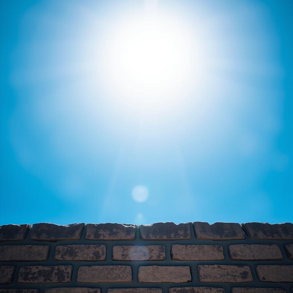 A continuation scene featuring a bright blue sky during the day behind a textured brick wall
