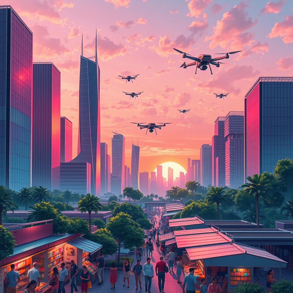 An illustrative scene of a futuristic city skyline during sunset, showcasing sleek skyscrapers with glass facades reflecting vibrant pink and orange hues