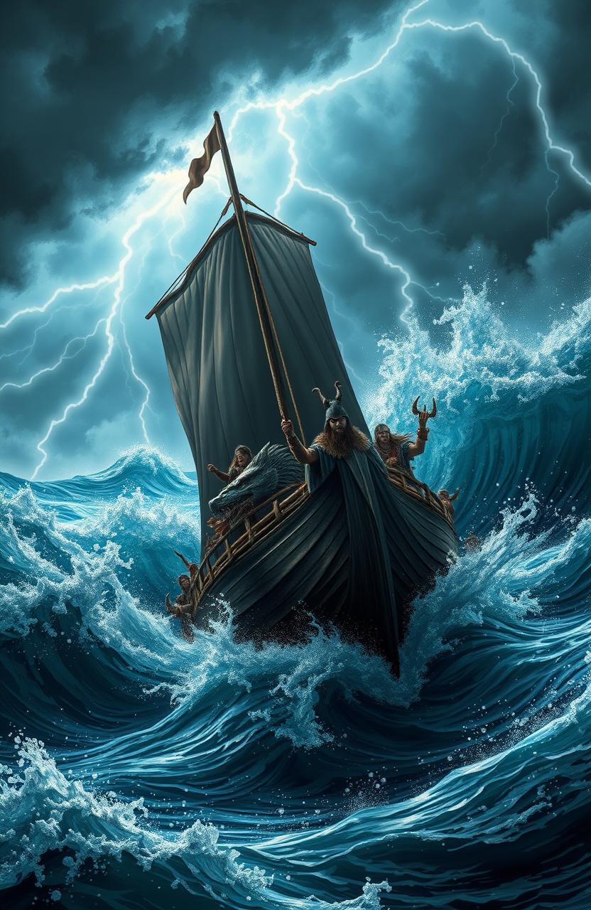 A dramatic scene depicting a Viking longboat battling through a fierce storm at sea