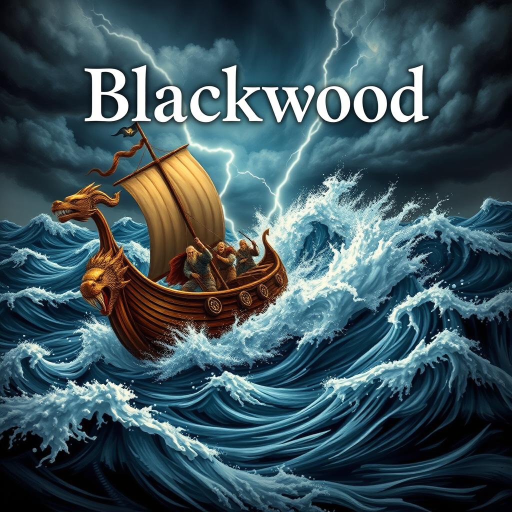 A dramatic scene depicting a Viking longboat battling through a fierce storm at sea