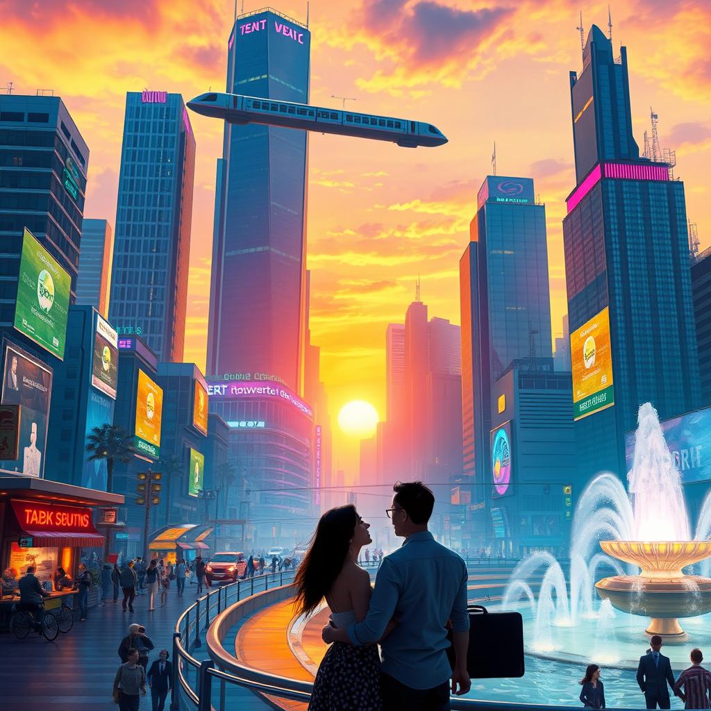A highly detailed digital artwork depicting a vibrant and futuristic cityscape at sunset, with towering skyscrapers adorned with neon lights