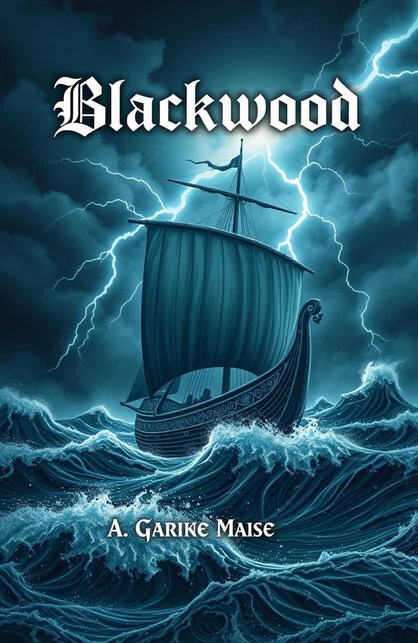 A dramatic scene depicting a Viking longship battling a fierce storm in the open sea