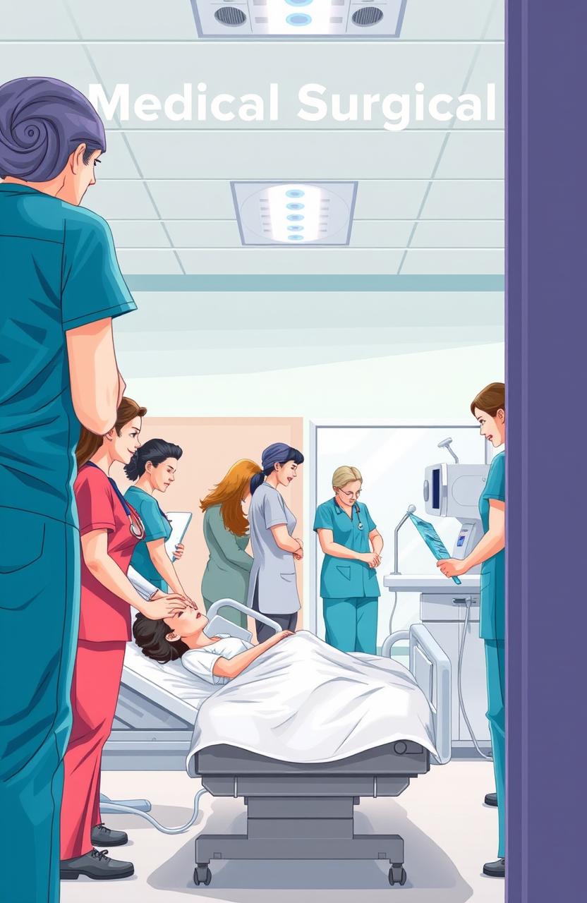 A comprehensive illustration representing the field of Medical Surgical Nursing, highlighting nurses in scrubs attending to patients in a hospital setting