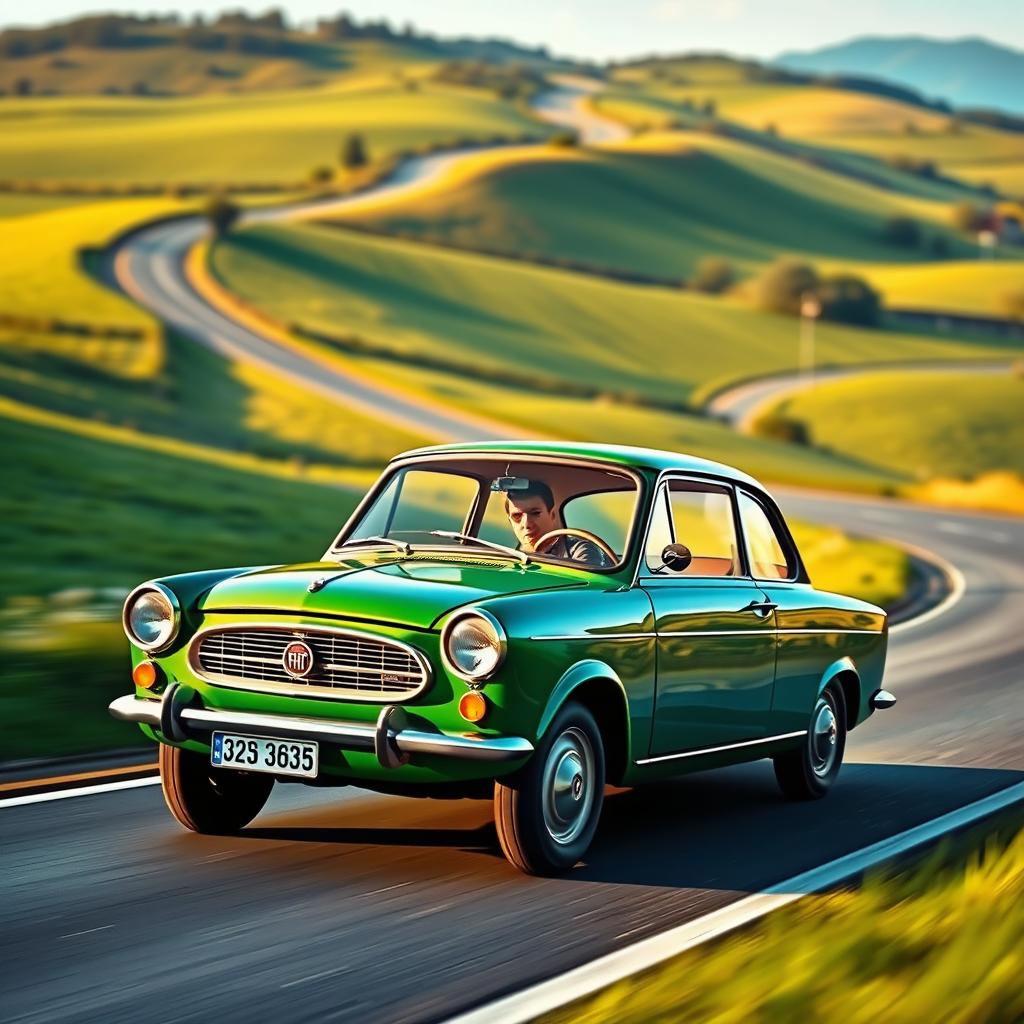 A classic FIAT 2300 car from 1963, elegantly painted in a rich green color, gliding smoothly through a picturesque countryside
