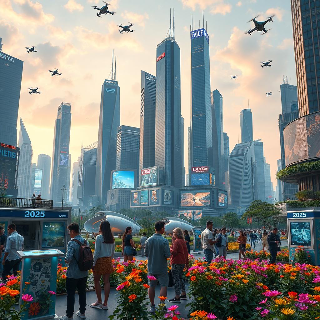 A stunning, futuristic cityscape in 2025, showcasing a blend of advanced architecture and lush greenery, bustling with people and autonomous vehicles