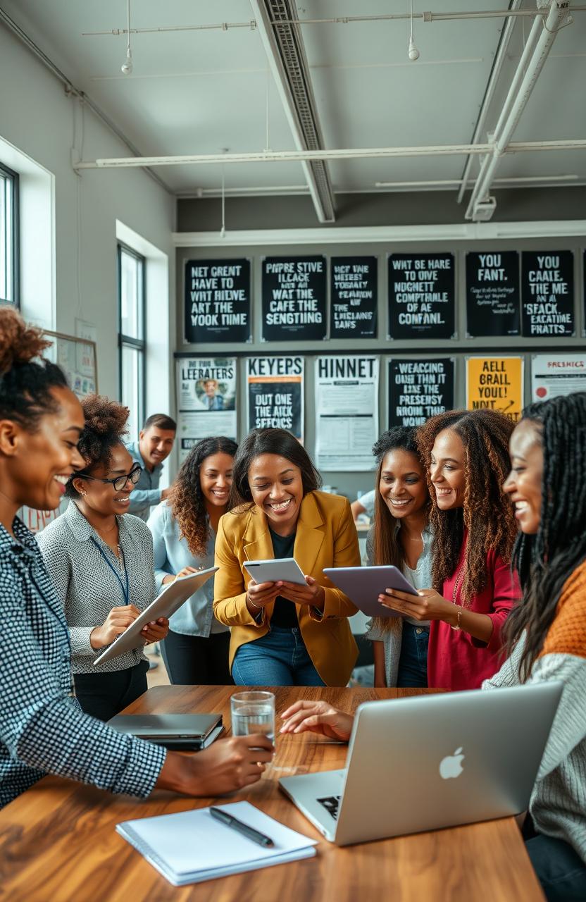 A dynamic and inspiring scene showcasing a group of diverse entrepreneurs in a modern workspace, collaborating and brainstorming ideas