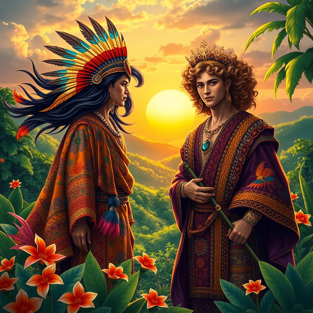 A vibrant fantasy scene depicting two Costa Rican princes standing on a lush green hillside