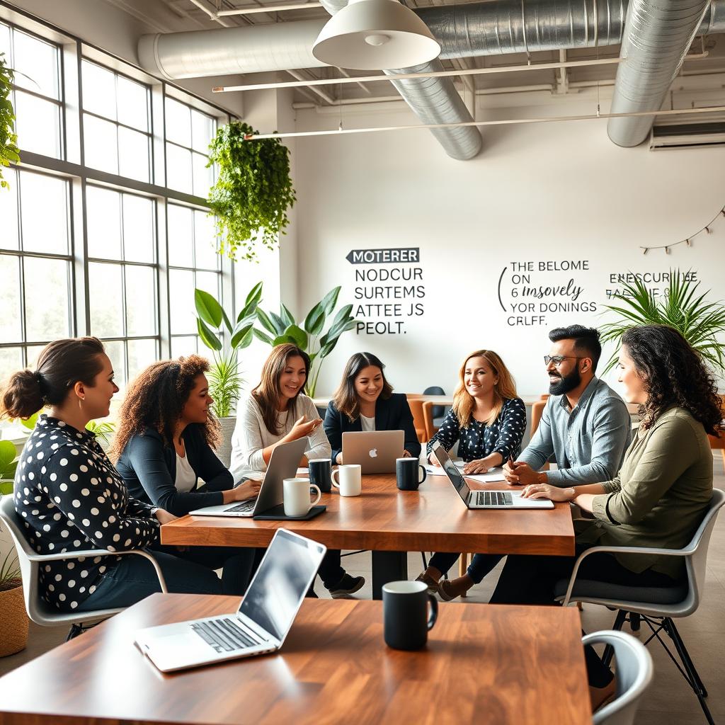 A vibrant and inspiring scene featuring a group of diverse entrepreneurs in an open, modern co-working space