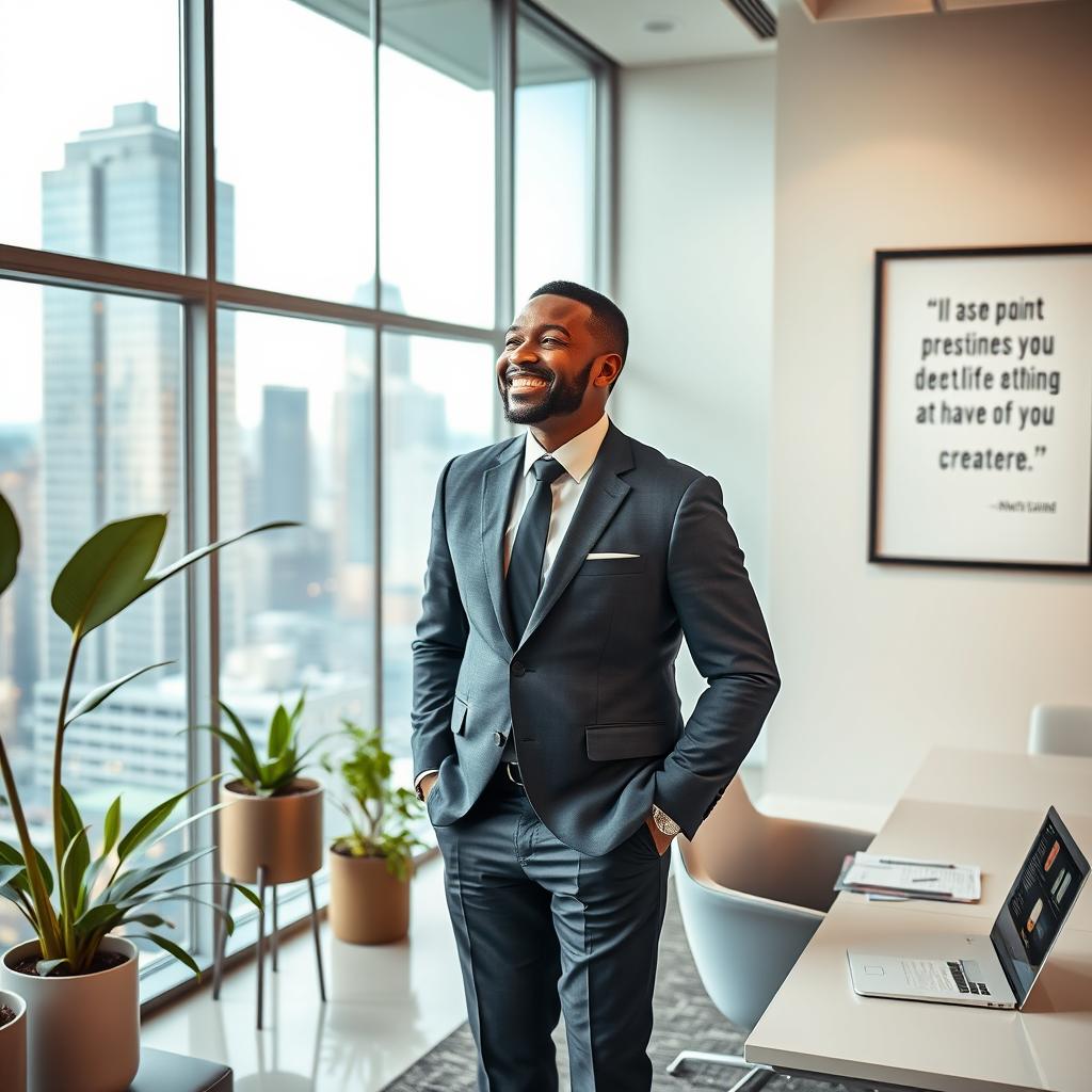 A successful entrepreneur standing confidently in a sleek, modern office space
