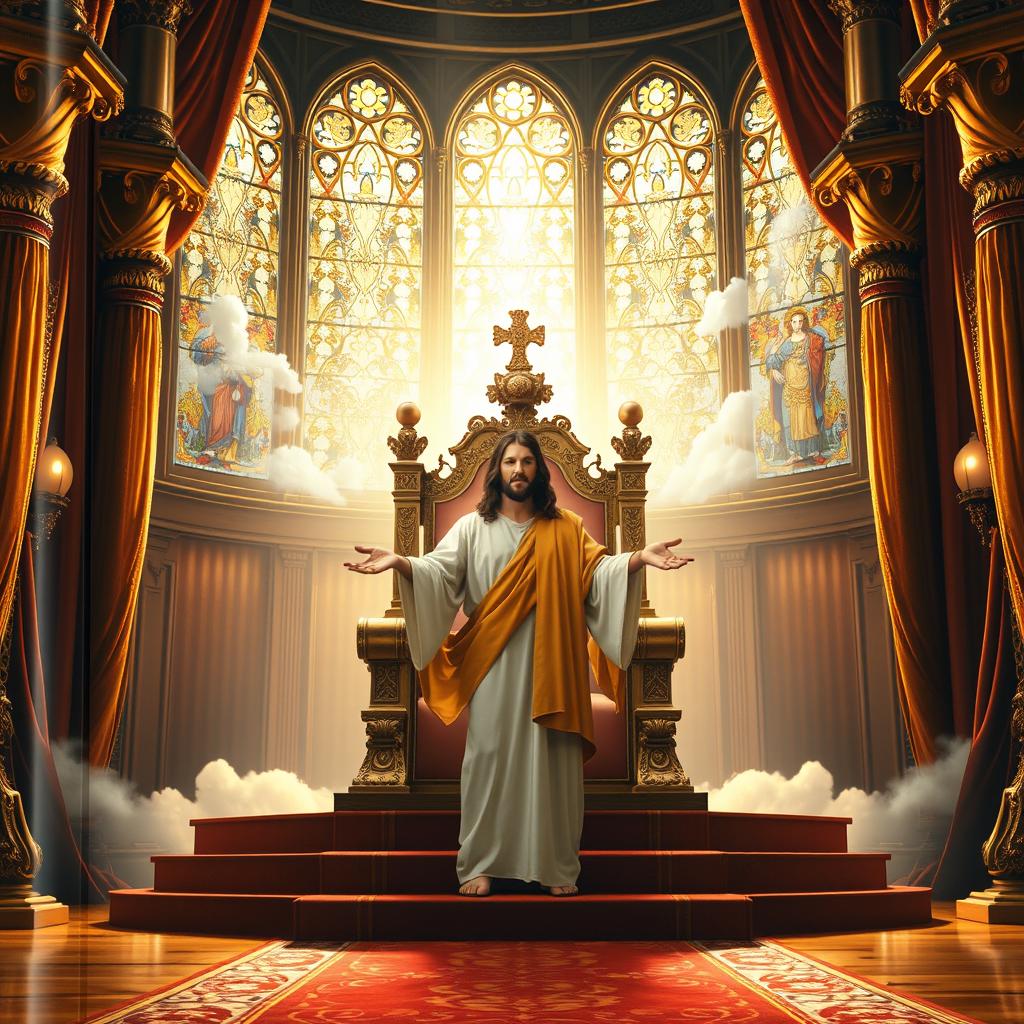 A book cover depicting a grand throne room, luxuriantly decorated with golden accents and velvet drapes