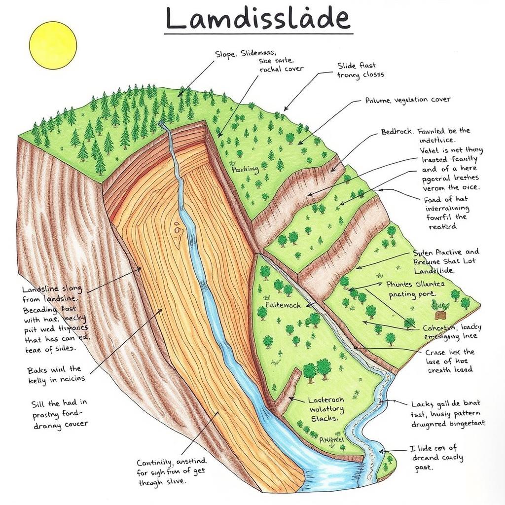 A detailed, labeled diagram of a landslide, showing various components such as the slope, slide mass, bedrock, vegetation cover, and drainage pattern