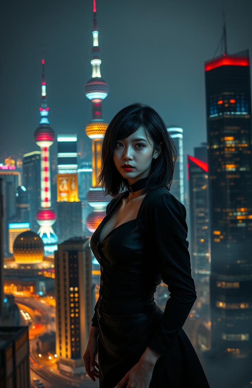 A stunning night scene of the Shanghai skyline illuminated by thousands of lights, showcasing skyscrapers like the Oriental Pearl Tower and the Shanghai Tower