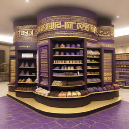 A luxurious supermarket chocolate display in an Islamic-Arabic style for Ramadan. It features shelves, 4-directional view, lanterns, Islamic geometric shapes, and is predominantly purple and gold.