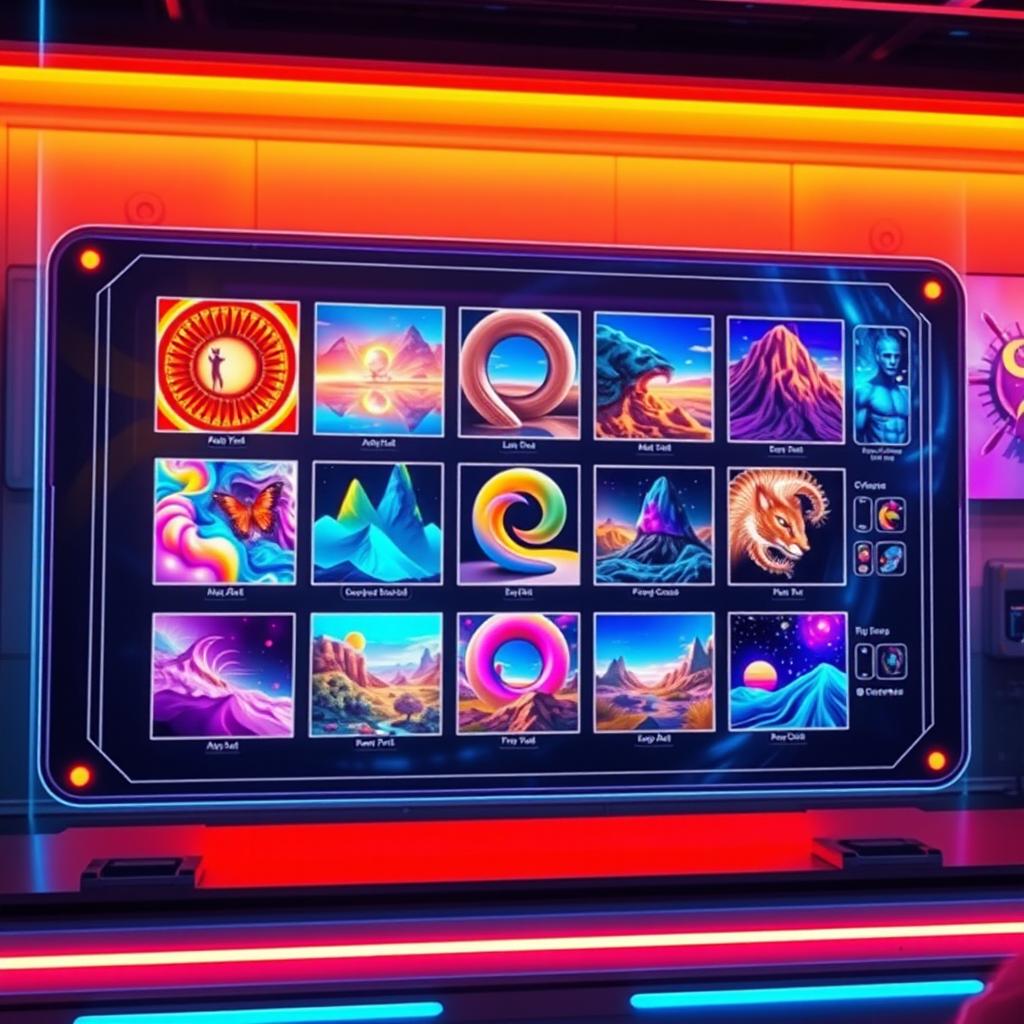 A futuristic digital interface displaying various AI-generated art options, featuring vibrant colors and intricate designs